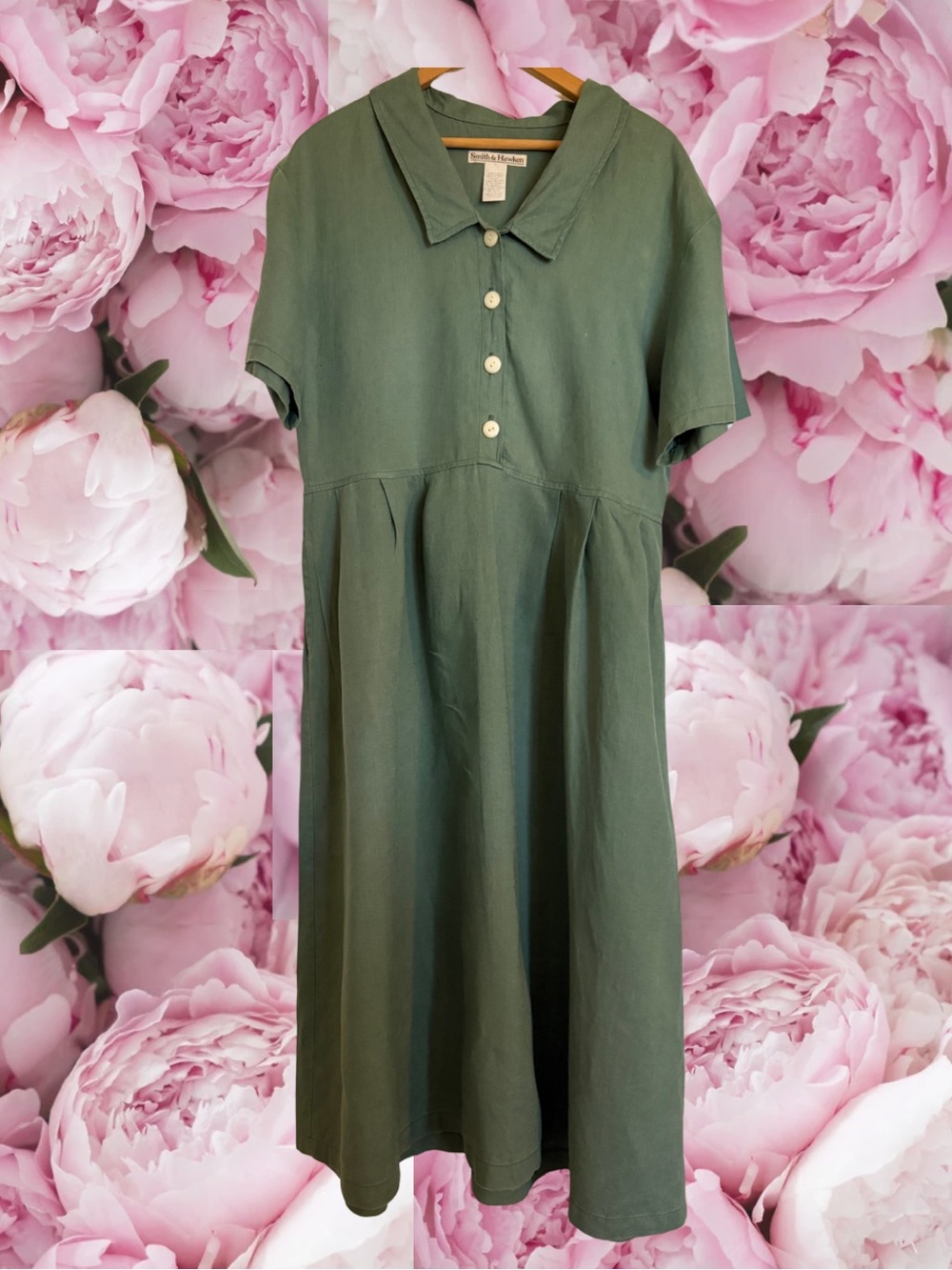 Linen Green Short Sleeve Collared Long Dress Button Front